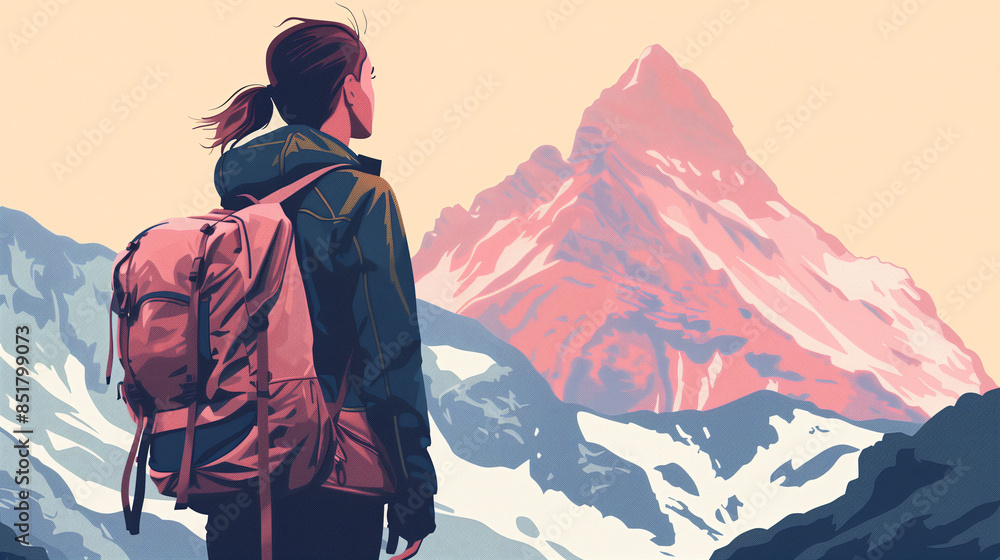 Fototapeta premium Woman Exploring Stunning Mountain Scenery with Pink Backpack at