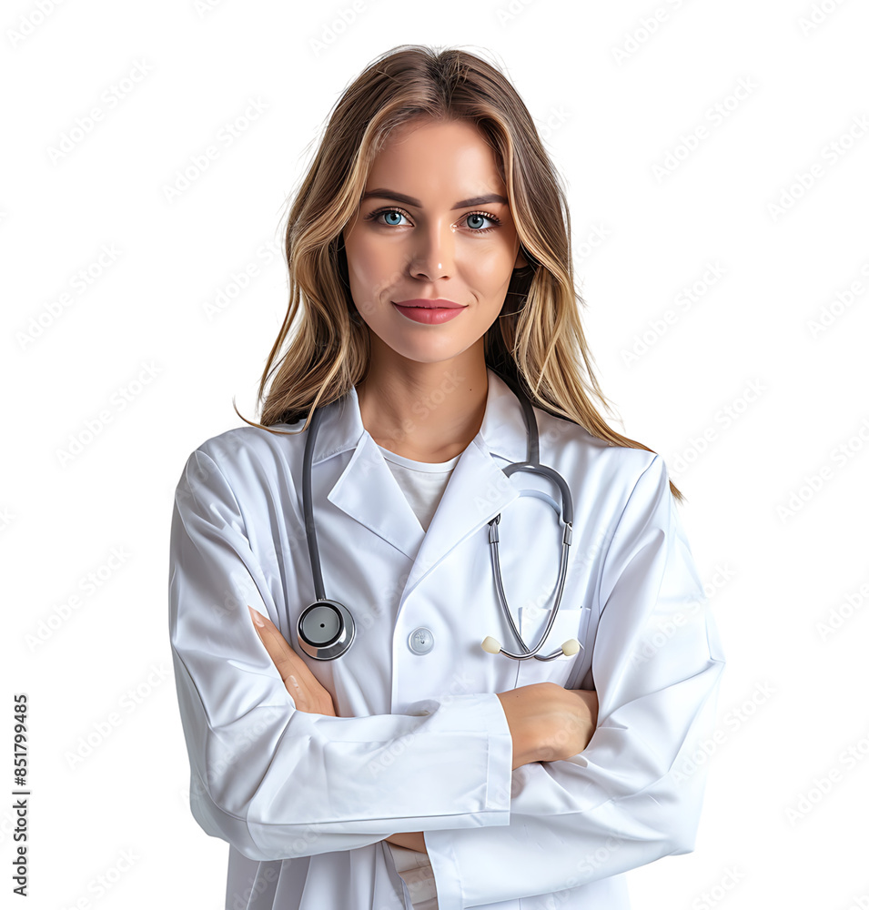 Medical concept of young female doctor in white coat with stethoscope on isolated transparent background Medical concept of young female doctor in white coat with stethoscope on isolated transparent background