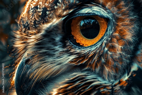 Close-up view of an owl's eye with intricate feather detail, showcasing the beauty and sharpness of bird's eye in stunning clarity. © Parintron