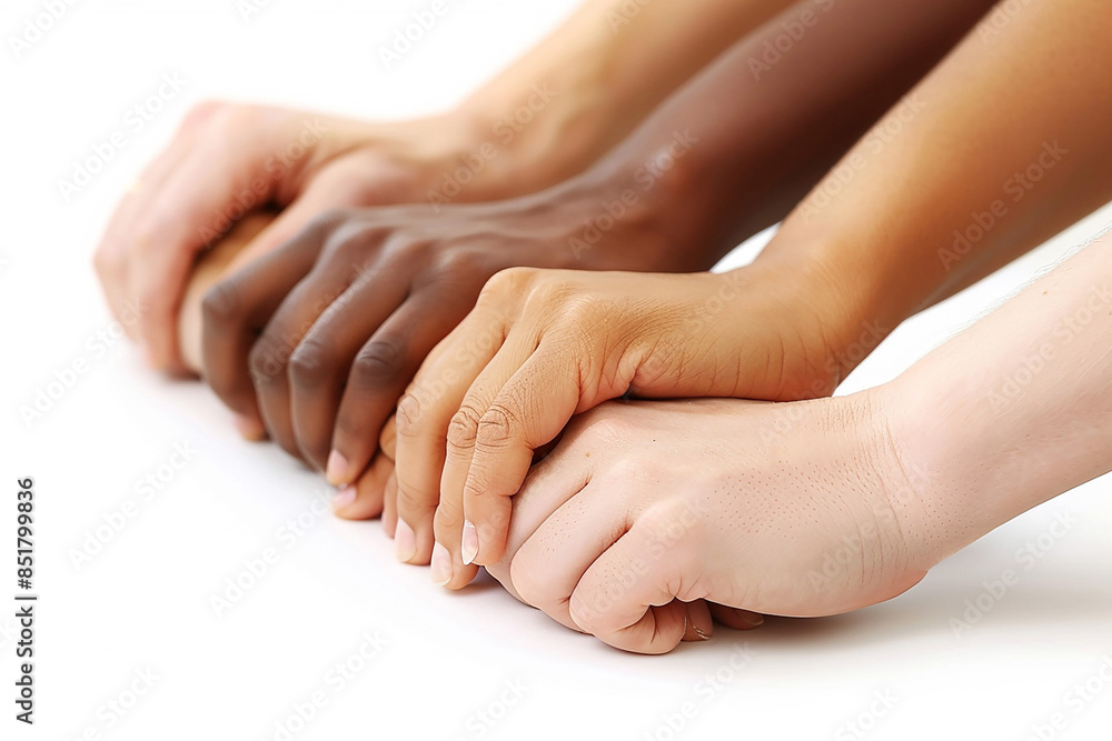 Community support concept with people joining hands, white background Community support concept with people joining hands, white background