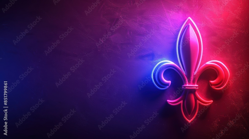 A glowing neon fleur-de-lis symbol with vibrant pink and blue lights. The modern design combines cultural significance with a sleek, tech-inspired aesthetic against a dark background. A glowing neon fleur-de-lis symbol with vibrant pink and blue lights. The modern design combines cultural significance with a sleek, tech-inspired aesthetic against a dark background.