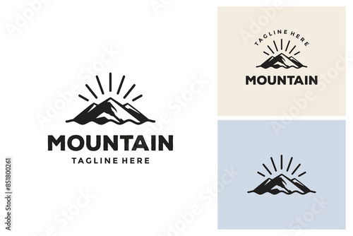 Mountain Adventure Emblem Logo design, Mountain Peaks with sunlight logo design vector, Mountain Landscape Silhouette for Outdoor Travel adventure Vintage logo design