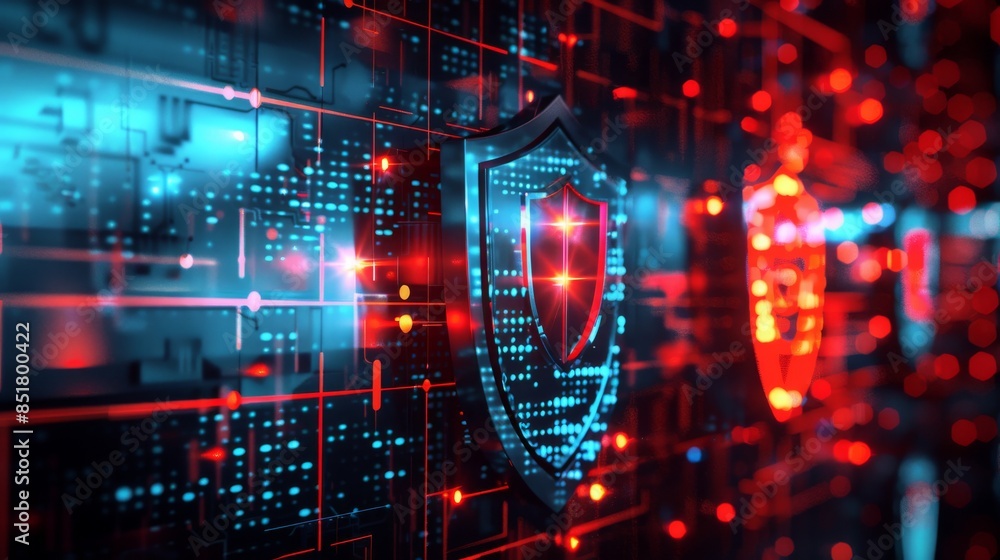 Obraz premium Digital cybersecurity shield on a network server, representing data protection and information security in a connected world.