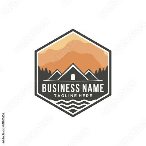 Cabin house rental with forest mountain logo design template, home cabin logo construction. house mountain logo template Vector illustration