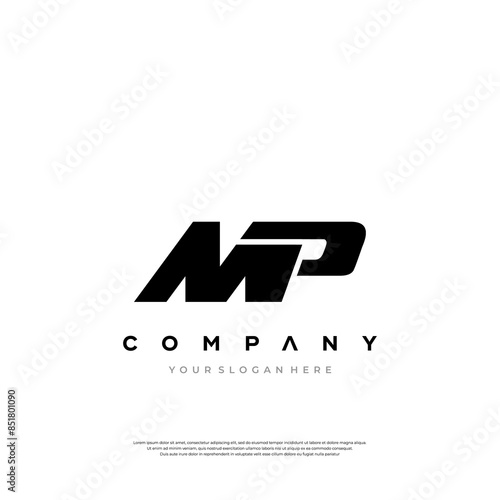 Initial letter MP, looping line, shape logo, Black color on White background