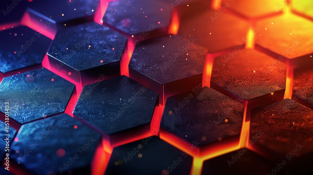 Hexagonal pattern illuminated by neon lights, creating a vibrant and futuristic 3D effect. Ideal for tech or sci-fi themed backgrounds. Hexagonal pattern illuminated by neon lights, creating a vibrant and futuristic 3D effect. Ideal for tech or sci-fi themed backgrounds.