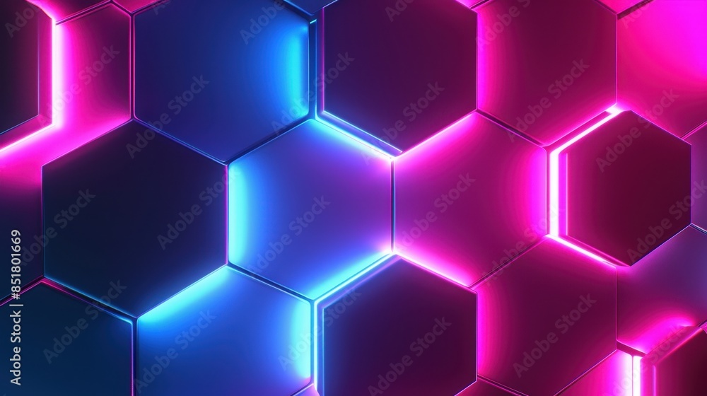 Hexagonal pattern illuminated by neon lights, creating a vibrant and futuristic 3D effect. Ideal for tech or sci-fi themed backgrounds. Hexagonal pattern illuminated by neon lights, creating a vibrant and futuristic 3D effect. Ideal for tech or sci-fi themed backgrounds.