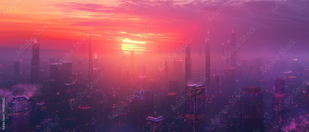A misty cityscape at sunrise, with tall buildings silhouetted against the vibrant sky.