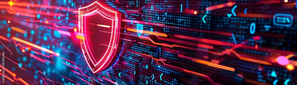 custom made wallpaper toronto digitalDigital shield with abstract technology lines representing cybersecurity and data protection on a futuristic technological background.