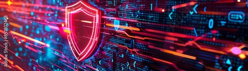 Digital shield with abstract technology lines representing cybersecurity and data protection on a futuristic technological background.