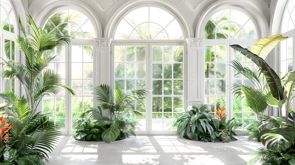 White room with large arched stained glass windows and greenery. It looks very bohemian and cozy. Romantic style. Copy space. White room with large arched stained glass windows and greenery. It looks very bohemian and cozy. Romantic style. Copy space.