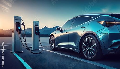 electric car and charging booths located on the road.