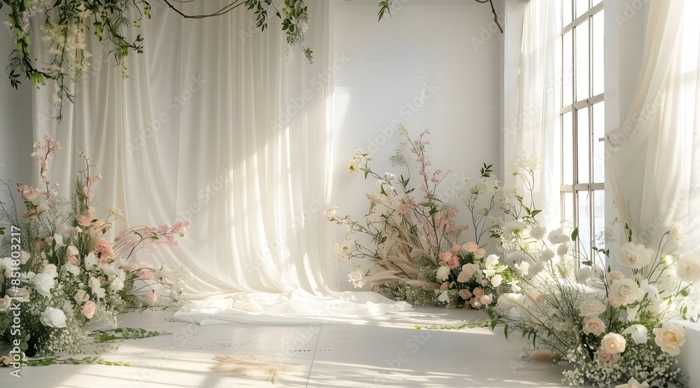 White room with large windows, transparent flying tulle and exotic flowers. Wedding banner background with copy space. White room with large windows, transparent flying tulle and exotic flowers. Wedding banner background with copy space.