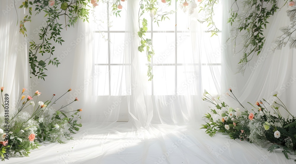 White room with large windows, transparent flying tulle and exotic flowers. Wedding banner background with copy space. White room with large windows, transparent flying tulle and exotic flowers. Wedding banner background with copy space.