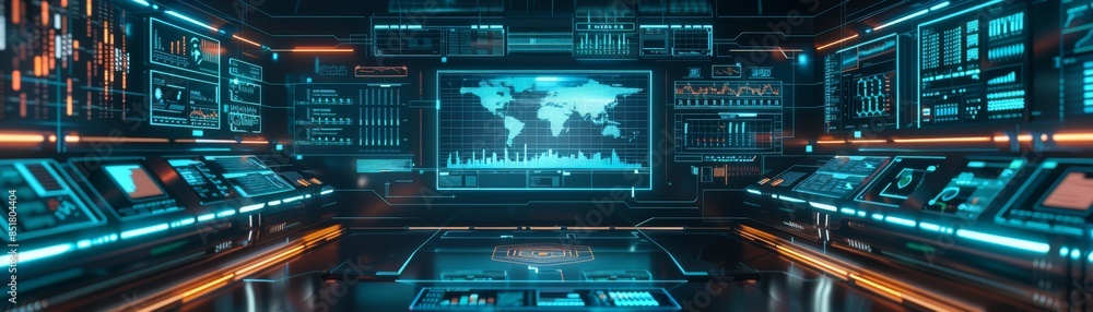 Futuristic command center with digital interfaces and global map, showcasing advanced technology and data analysis. Futuristic command center with digital interfaces and global map, showcasing advanced technology and data analysis.