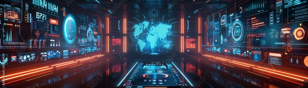 Futuristic command center with high-tech screens and digital interfaces, showcasing advanced technology and innovative design. Futuristic command center with high-tech screens and digital interfaces, showcasing advanced technology and innovative design.