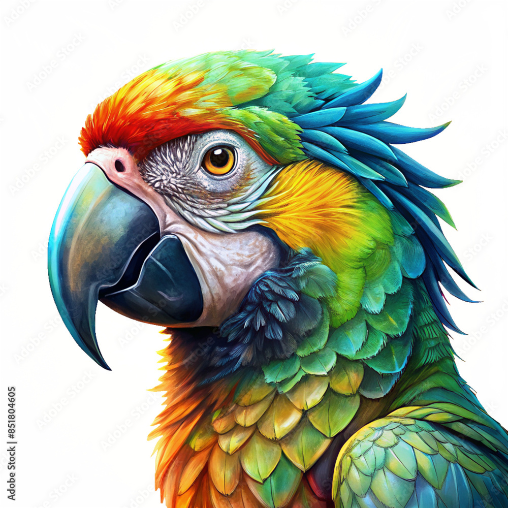 Obraz premium parrot, bird, macaw, animal, blue, yellow, beak, colorful, tropical, ara, nature, zoo, wildlife, feather, pet, wild, color, ara ararauna, green, exotic, gold, isolated, bright, white, portrait