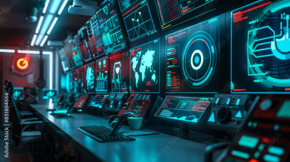 Futuristic control room with multiple high-tech screens and computers, showcasing advanced technology and cybersecurity environment. Futuristic control room with multiple high-tech screens and computers, showcasing advanced technology and cybersecurity environment.
