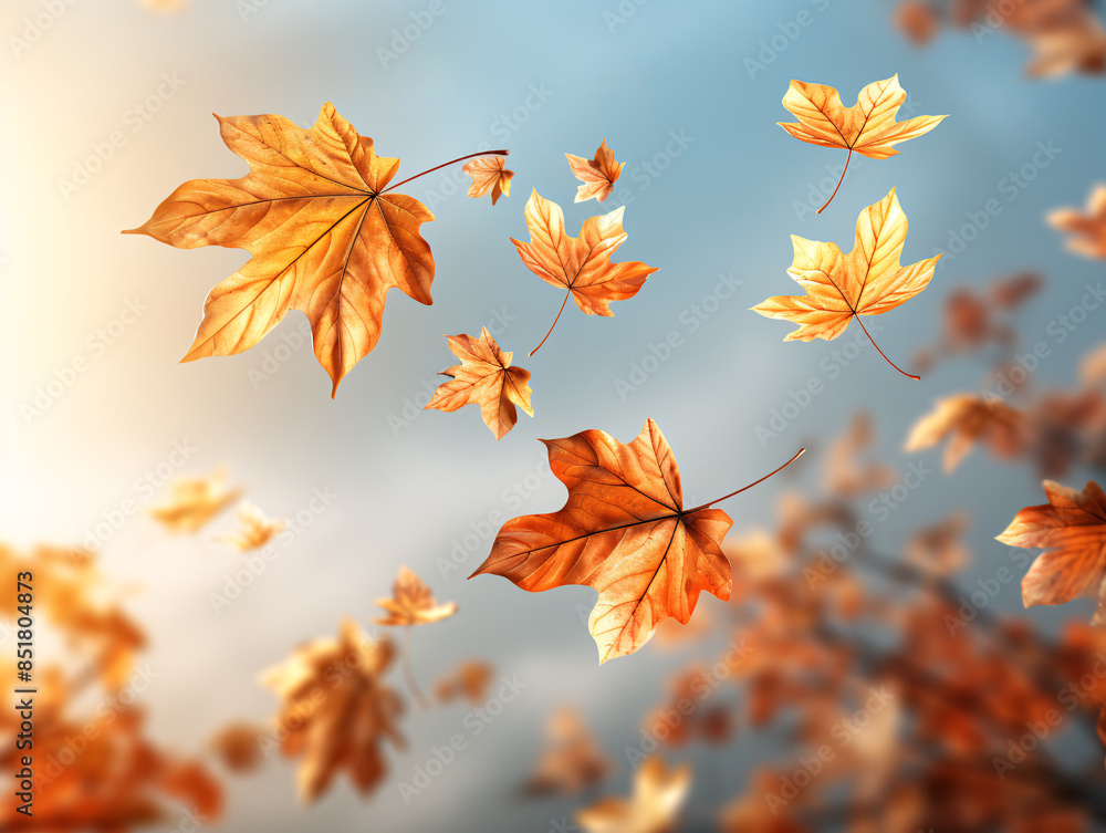 Autumn leaves floating with water drops against a neutral background Autumn leaves floating with water drops against a neutral background