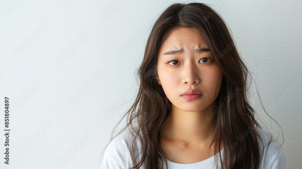Korean woman with a sad face isolated on a white background Korean woman with a sad face isolated on a white background