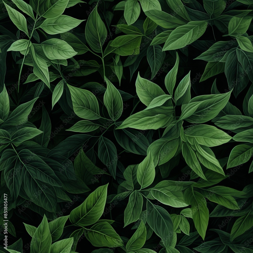 Seamless pattern features an array of green leaves set against a dark background. Seamless pattern features an array of green leaves set against a dark background.