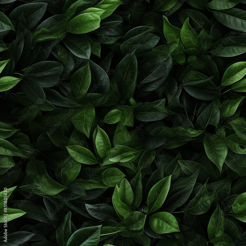 Seamless pattern features an array of green leaves set against a dark background. Seamless pattern features an array of green leaves set against a dark background.