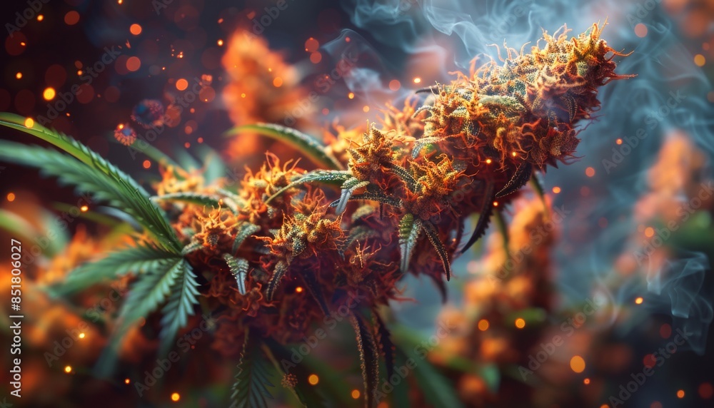 Fototapeta premium Close Up Of A Marijuana Bud With Smoke And Sparks