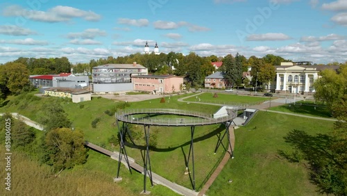 Aerial view of Zarasai lake observation bridge and and watershore of Zarasas lake, unique and unparalleled viewing platform in Lithuania, to enjoy the special beauty of the lake with islands. photo