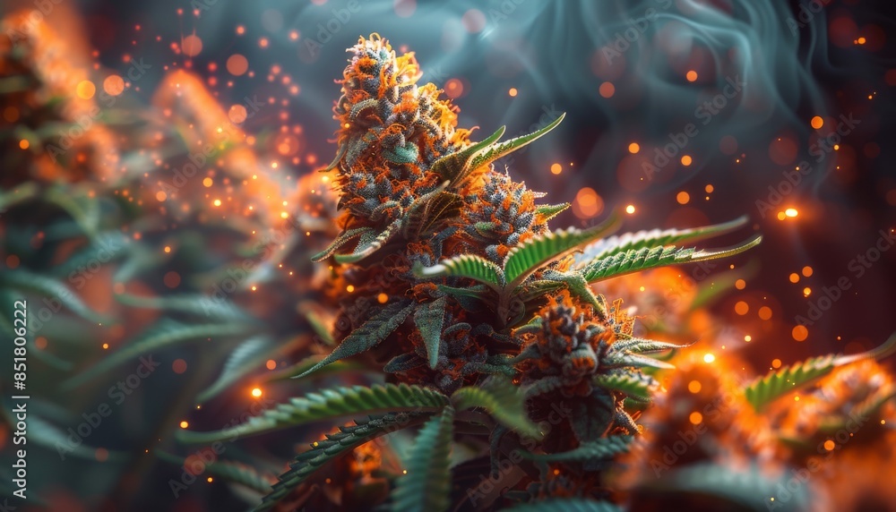 Fototapeta premium Close Up Of A Marijuana Bud With Smoke And Sparks