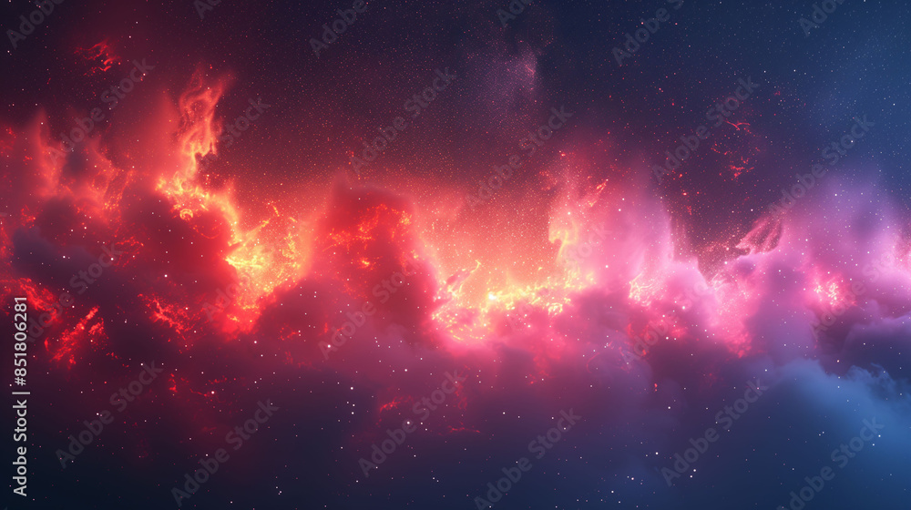 Obraz premium A vibrant and colorful depiction of a nebula in space, with bright red, orange, and pink hues against a dark starry background.