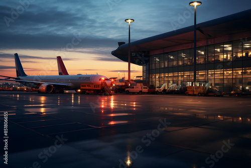 airport during sunset, airport with airplanes during ssunset, golden hour photo