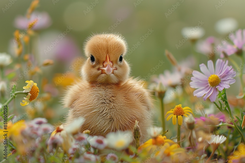 A fluffy yellow chick standing in a meadow of wildflowers, including daisies and buttercups. The chick is tilting its head to one side A fluffy yellow chick standing in a meadow of wildflowers, including daisies and buttercups. The chick is tilting its head to one side