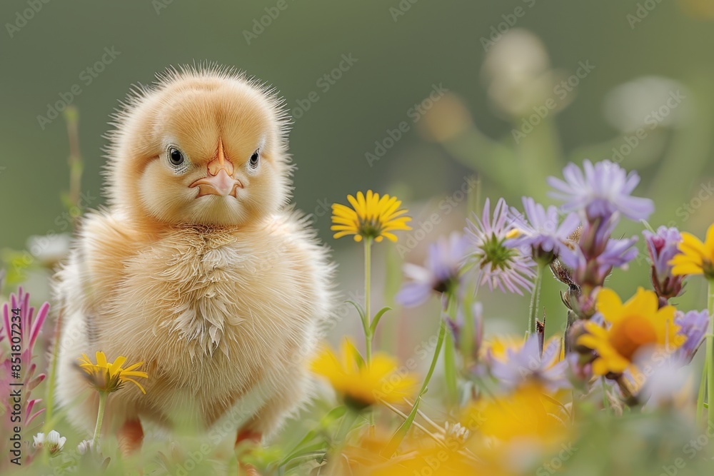 A fluffy yellow chick standing in a meadow of wildflowers, including daisies and buttercups. The chick is tilting its head to one side A fluffy yellow chick standing in a meadow of wildflowers, including daisies and buttercups. The chick is tilting its head to one side