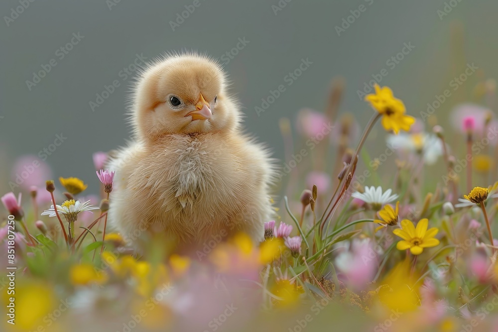 A fluffy yellow chick standing in a meadow of wildflowers, including daisies and buttercups. The chick is tilting its head to one side A fluffy yellow chick standing in a meadow of wildflowers, including daisies and buttercups. The chick is tilting its head to one side