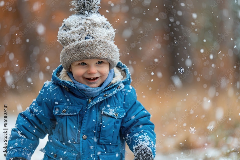 A young child wearing a blue coat and a hat is smiling in the snow. The child is surrounded by snowflakes, which adds to the wintery atmosphere of the scene A young child wearing a blue coat and a hat is smiling in the snow. The child is surrounded by snowflakes, which adds to the wintery atmosphere of the scene