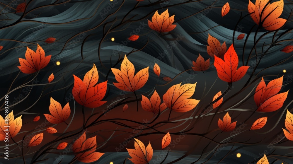 Elegant pattern of red and blue leaves on a black background is ideal for wallpaper, fabric, and packaging. Elegant pattern of red and blue leaves on a black background is ideal for wallpaper, fabric, and packaging.