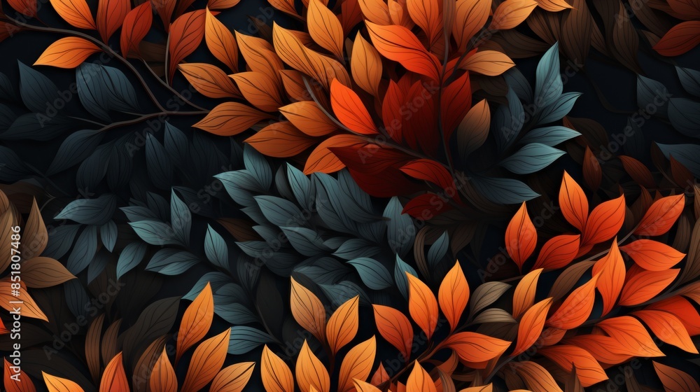 Elegant pattern of red and blue leaves on a black background is ideal for wallpaper, fabric, and packaging. Elegant pattern of red and blue leaves on a black background is ideal for wallpaper, fabric, and packaging.
