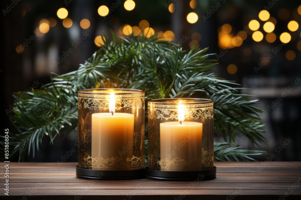 Two candles sit on a wooden table, casting a warm glow. Two candles sit on a wooden table, casting a warm glow.