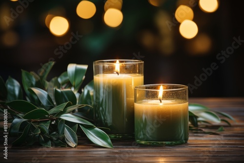 Two candles sit on a wooden...