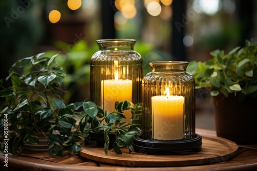 Two candles sit on a wooden...