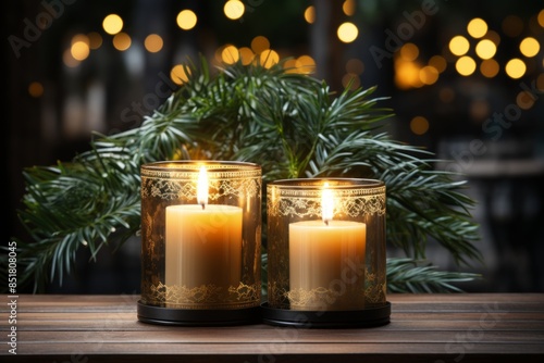 Two candles sit on a wooden...