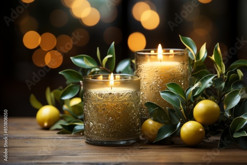 Two candles sit on a wooden...