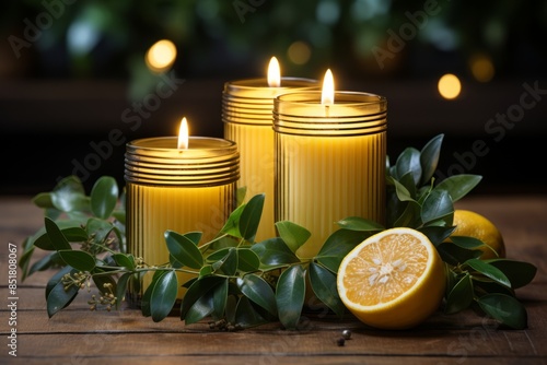 Two candles sit on a wooden...