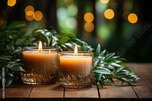 Two candles sit on a wooden...