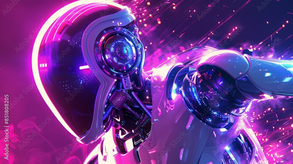 Fototapeta premium Futuristic robot in vibrant neon lights, representing advanced AI, technology, and futuristic innovation in a vividly colorful background.