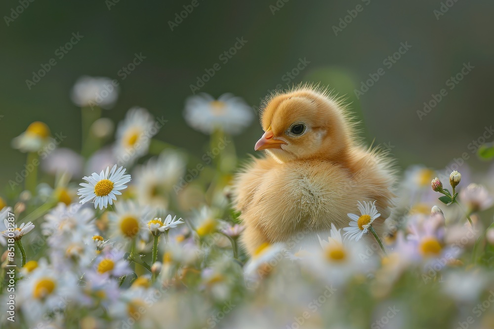 A fluffy yellow chick standing in a meadow of wildflowers, including daisies and buttercups. The chick is tilting its head to one side A fluffy yellow chick standing in a meadow of wildflowers, including daisies and buttercups. The chick is tilting its head to one side