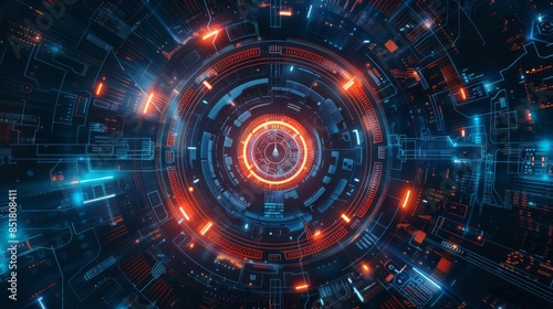 Wallpaper Mural Futuristic digital interface with glowing blue and red lights, depicting high-tech technology and cyber concepts. Torontodigital.ca