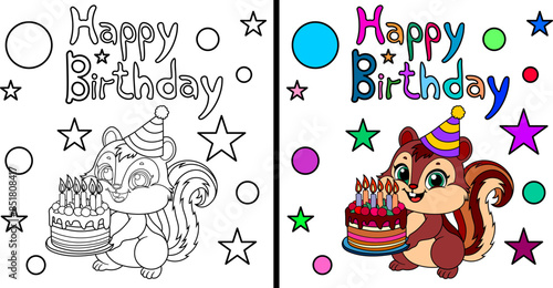 Cute cartoon squirrel with birthday cake. Coloring book.Vector illustration.