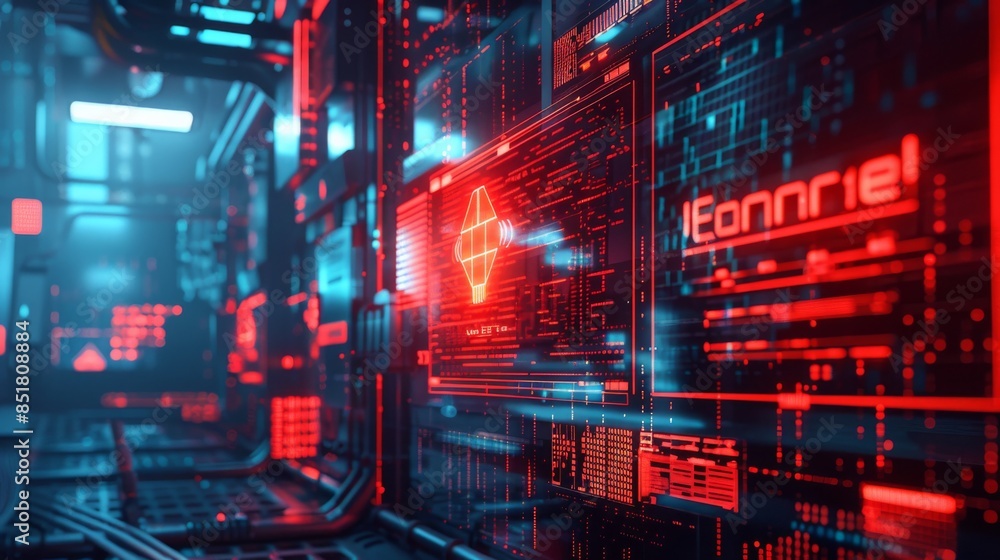 Futuristic digital interface with glowing red screens in a high-tech environment, showcasing advanced technology and cybersecurity elements. Futuristic digital interface with glowing red screens in a high-tech environment, showcasing advanced technology and cybersecurity elements.