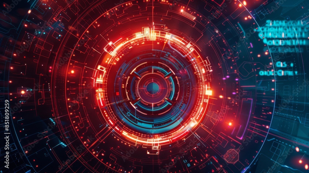 Obraz premium Futuristic digital interface with vibrant red and blue circular elements, representing advanced technology and data visualization.